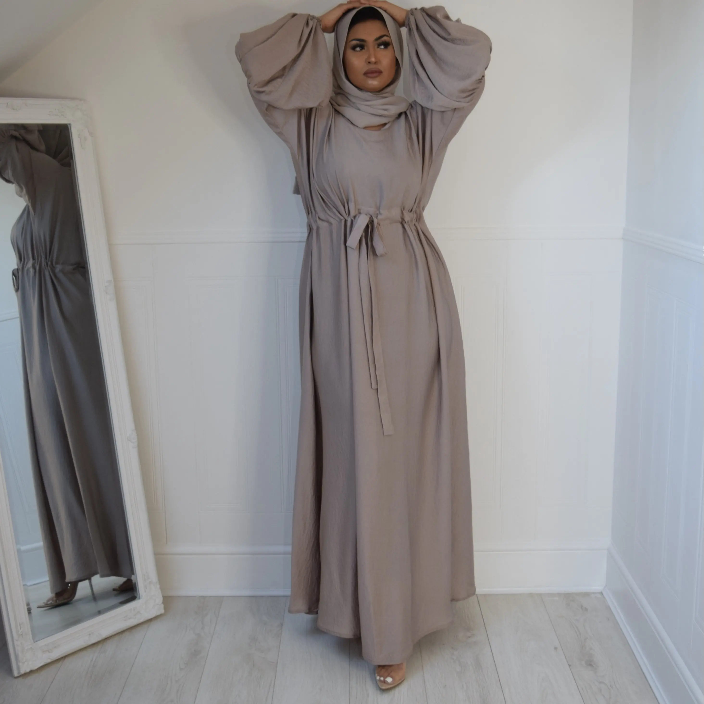 Baria Flare Contemporary Abaya Maxi dress in 4 shades and Black with sizes 52-62. Matching chiffon hijab and belt. Free UK postage