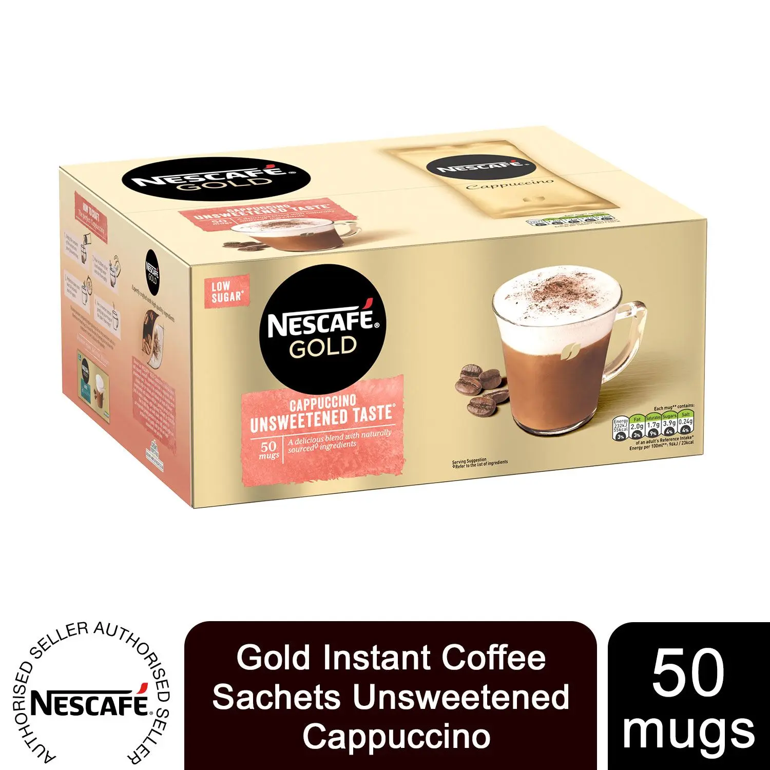 Nescafe Gold Instant Coffee Sachets 50 Unsweetened Cappuccino Low Sugar