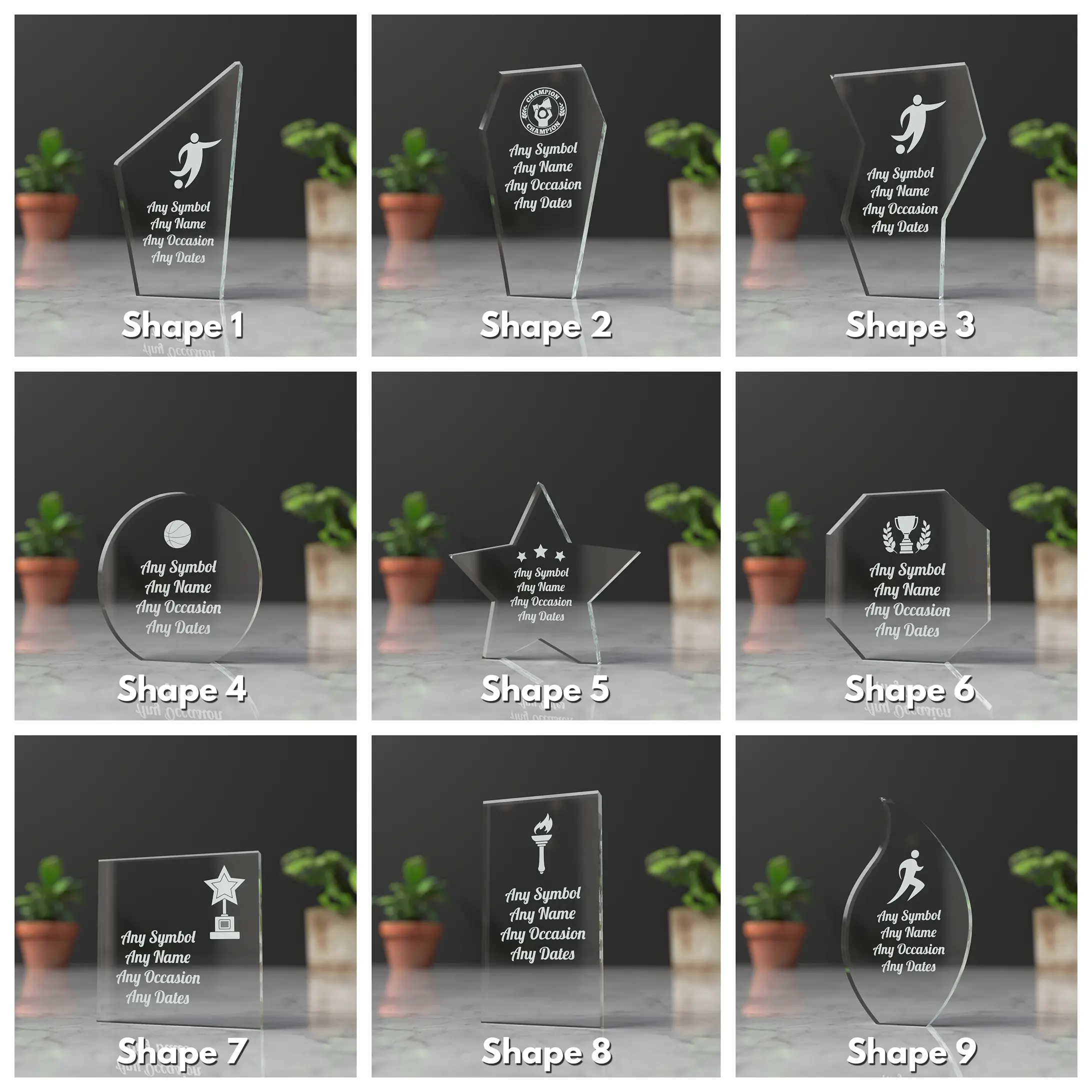 Personalised Glass Award Trophy Award Plaque, Various Trophies and Styles, 15mm Thick