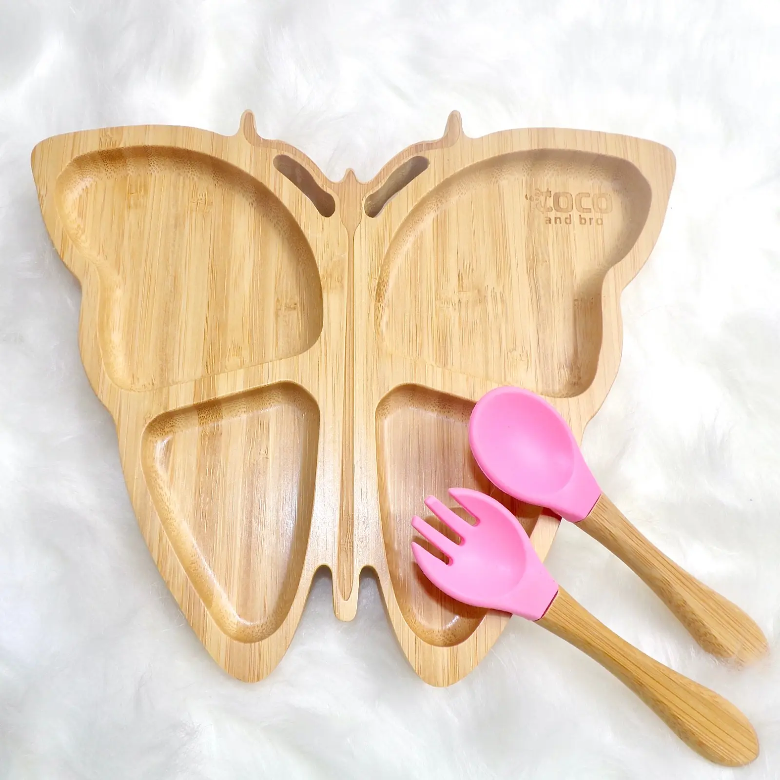 Bella Butterfly Bamboo Weaning Plate with 4 Compartments, Matching Fork and Spoon, Perfect for Introducing Flavours - Baby Utensils