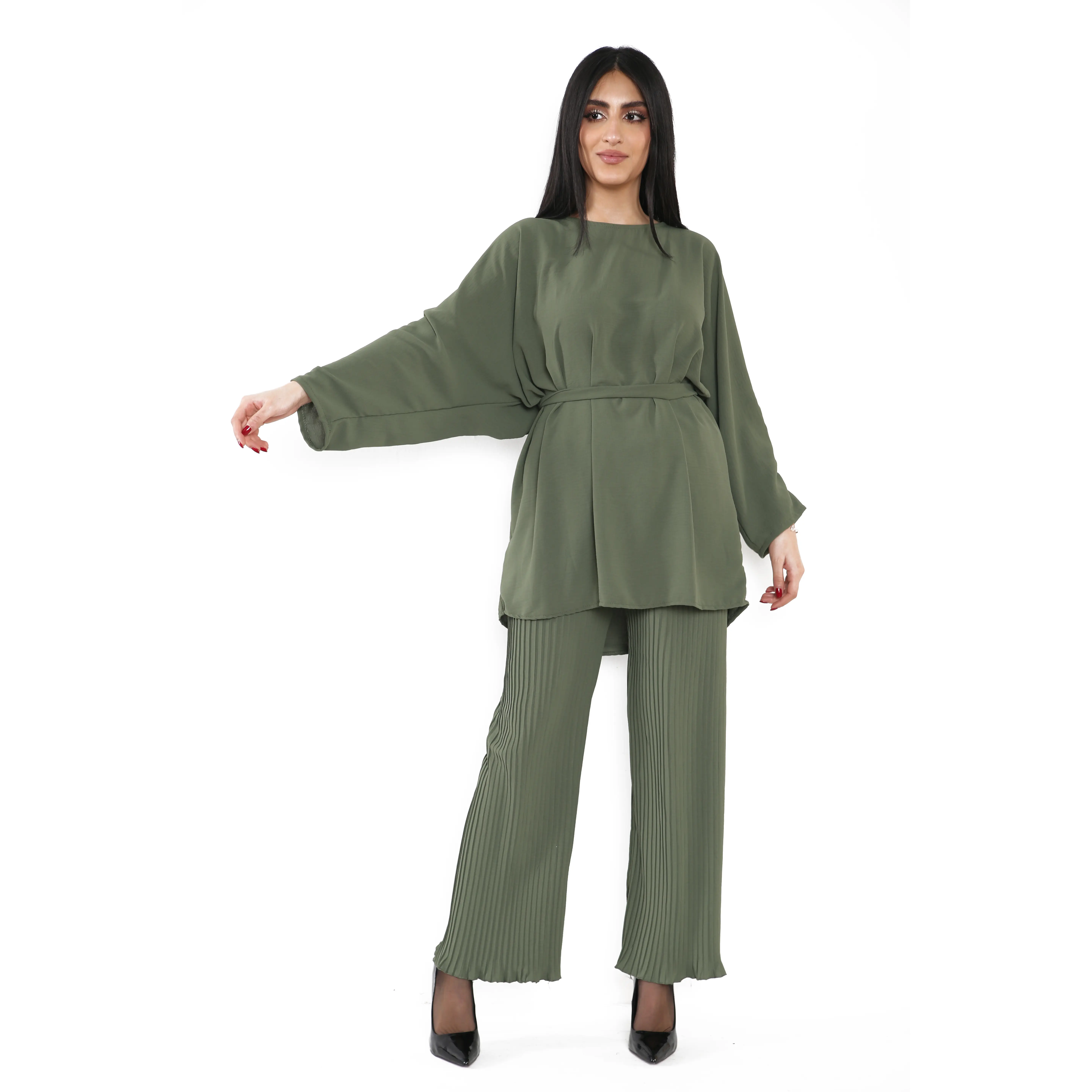 Women's Islamic Clothing - Muslim Fashion Two Piece Abaya Co ord Set, Autumn Plain Pattern, pleated Bottom, 100cm Length, batwing Top, 90cm Length, Sleeves - 60cm