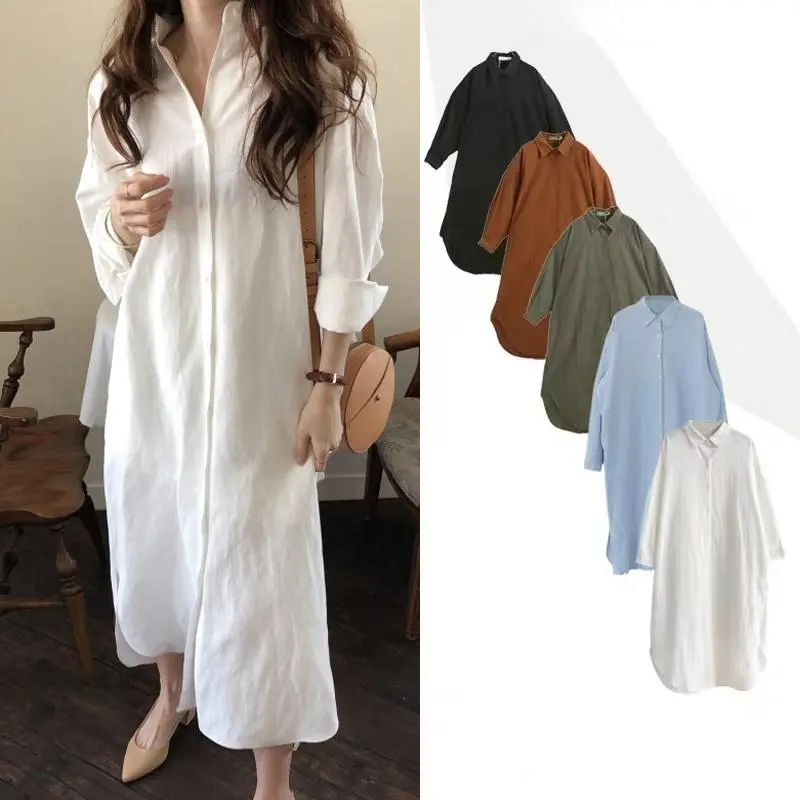 Váy Sơ Mi Maxi, Phong Cách Đơn Giản, Chống Nắng, Màu Trơn Cổ Bẻ Áo, Ngoại Cỡ, Dành Cho Nữ, [Có Sẵn]