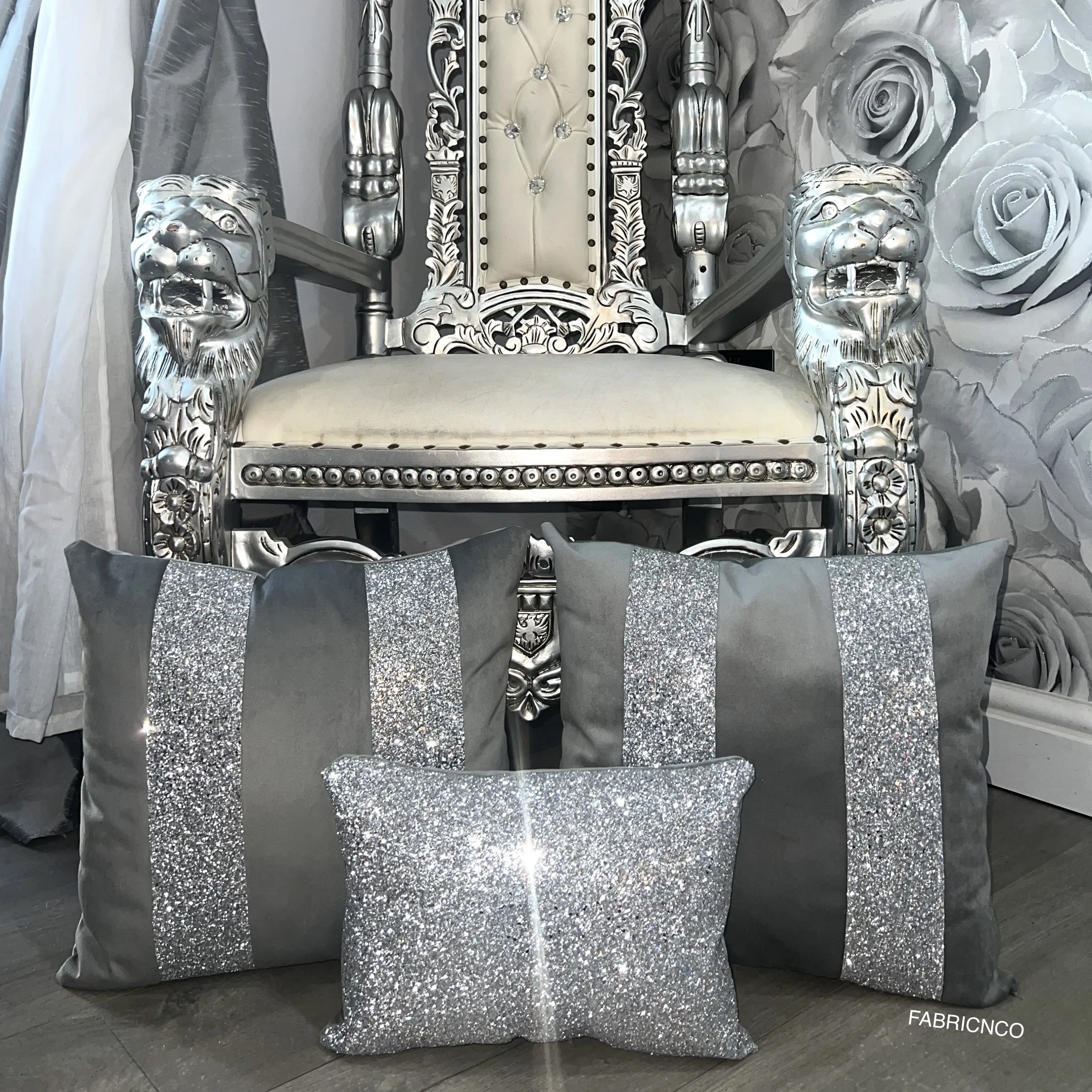 Grey & Silver Plush Velvet Glitter Cushion Cover Set, Fabric, Sets, Fabricnco