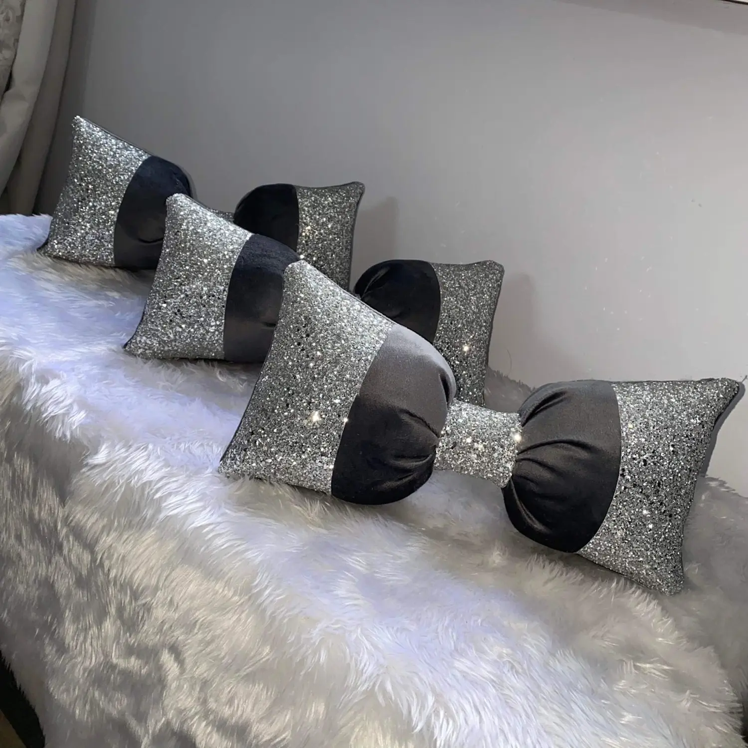 Plush Grey Sparkly Glitter Bow Cushion - Grey, Home Decor, Fabric, Sparkle, Cushion,