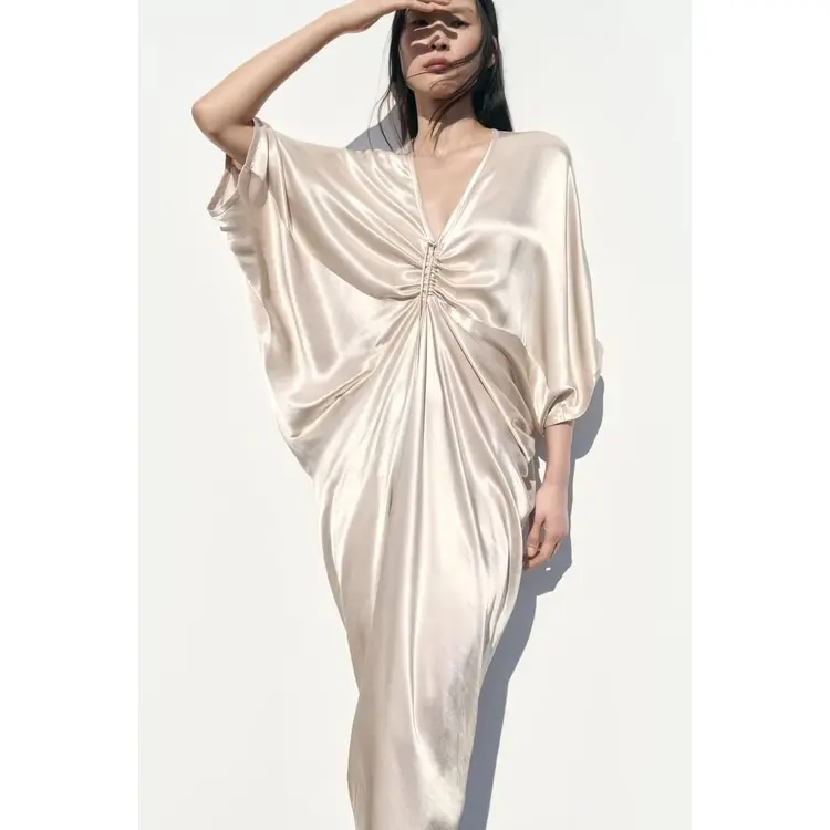 Wholesale Solid Silk Texture Long Shirt Style Dress 2417