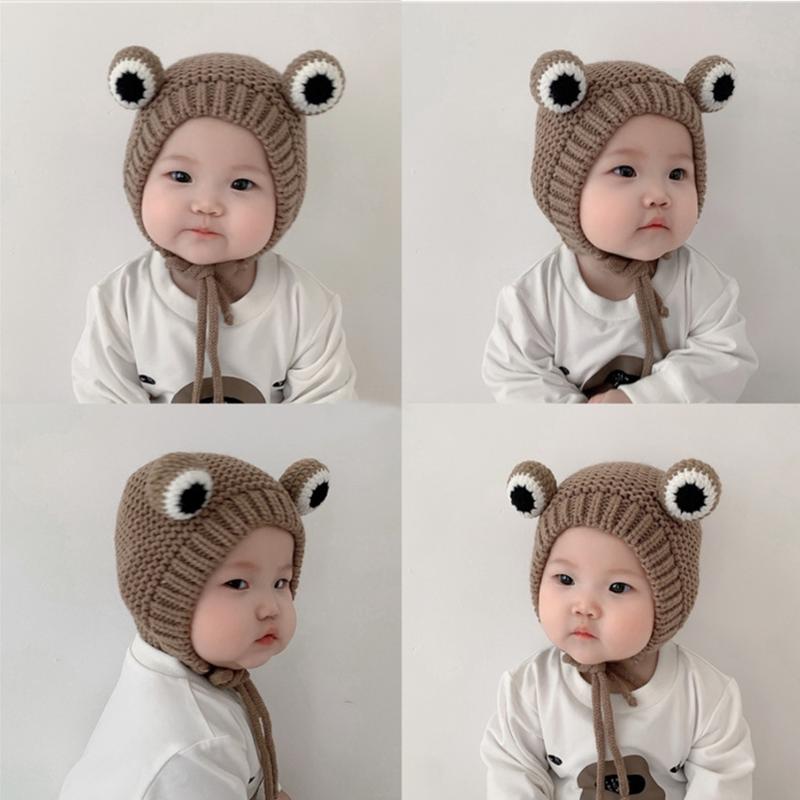 Mũ Len Ấm Áp Cho Bé, Mũ Tai Hoạt Hình Dễ Thương, Ếch Nhỏ, Mũ Dệt Kim Cho Trẻ Em, Mùa Thu Và Mùa Đông