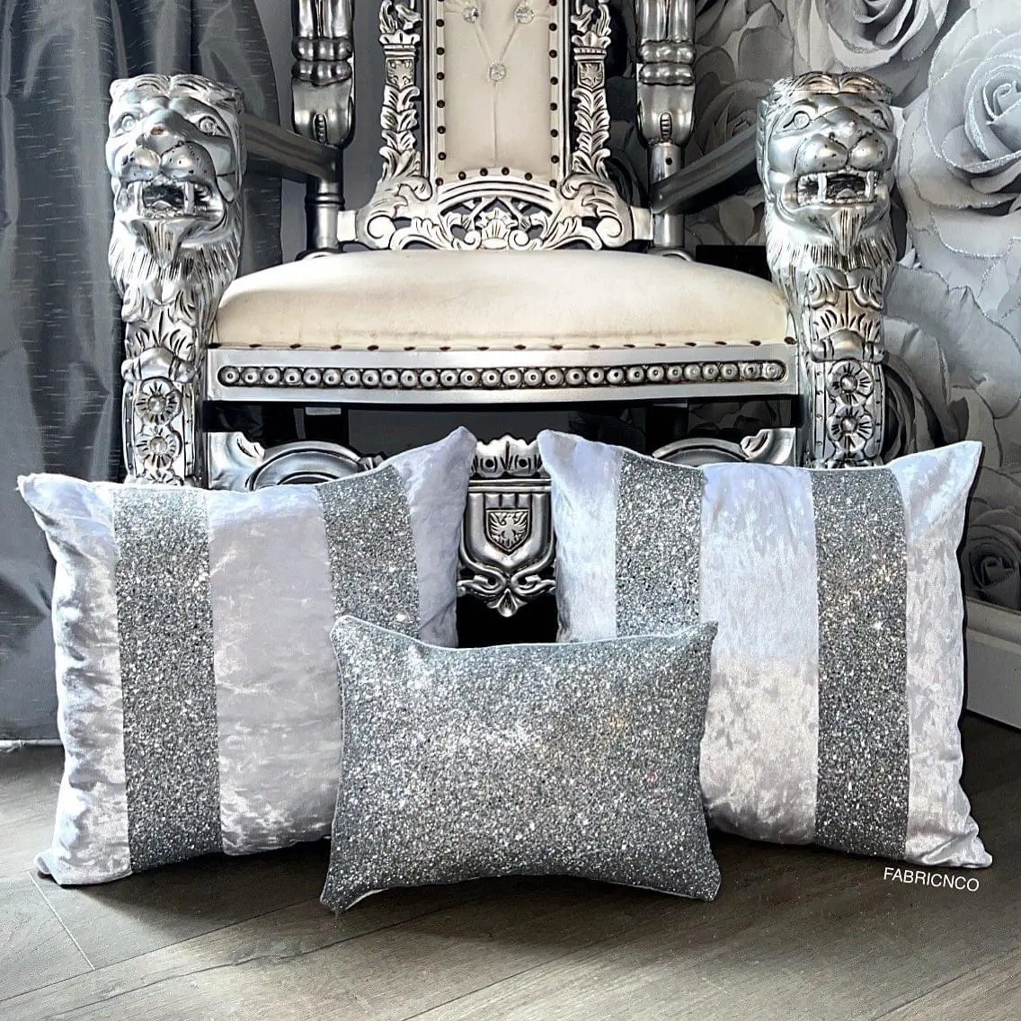 White and silver crushed velvet glitter cushion set