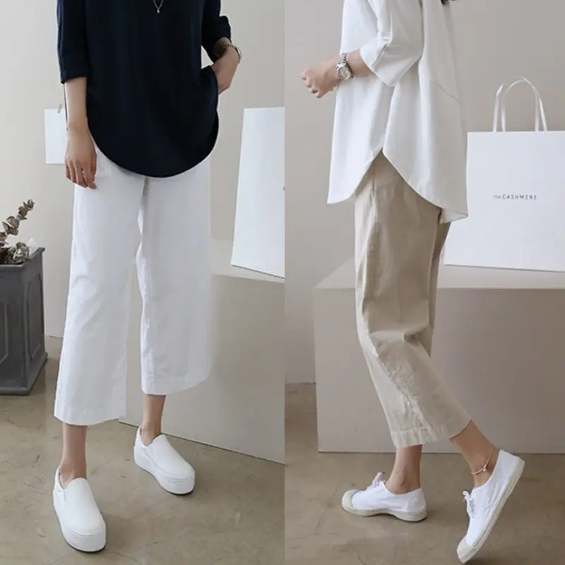 [Ready Stock] Solid Color Back Elastic Waist Wide Leg Cotton Linen Pants