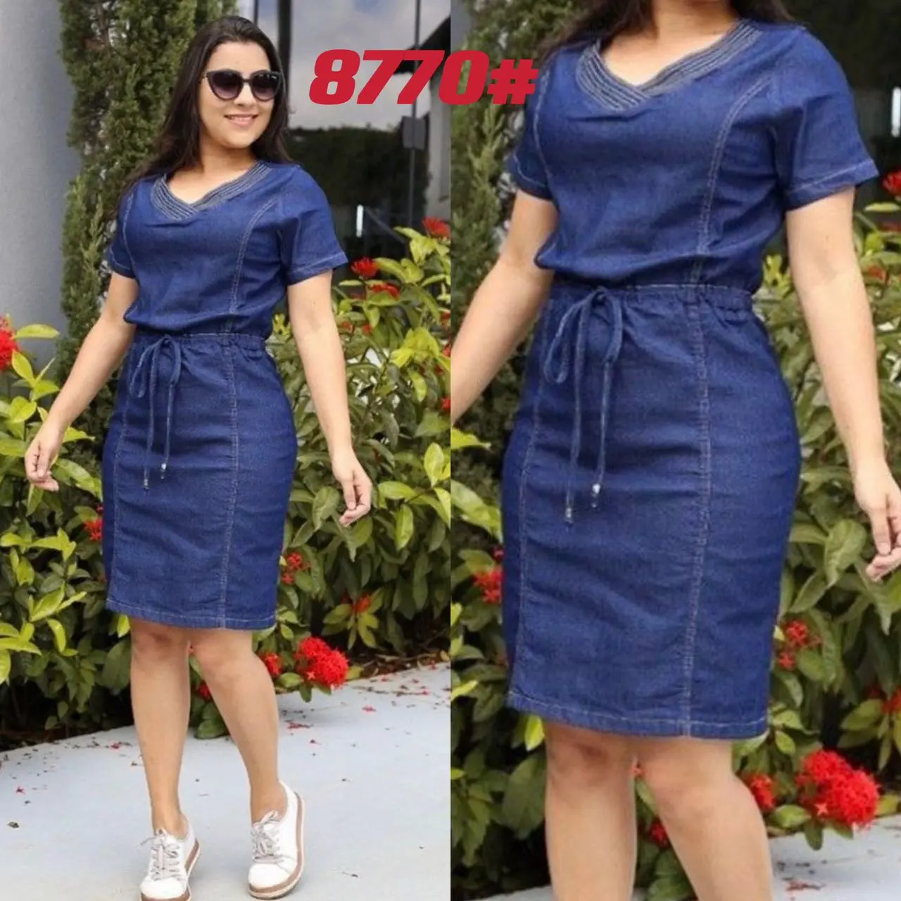plus v neck beltd denim dress