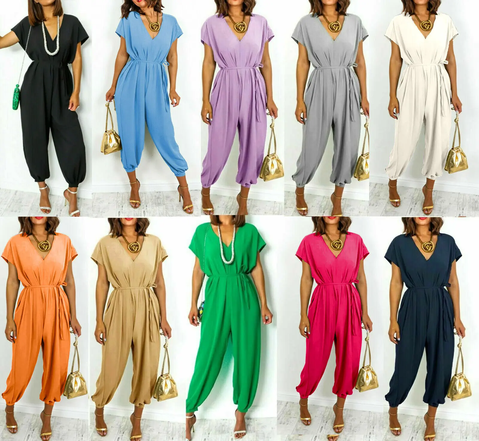 Ladies V-Neck Tie Up Belt Waist Plain Short Sleeve Harem Parachute Summer Cuffed Bottom Jumpsuit Fabric Womenswear Overalls Stretchy Plus Size