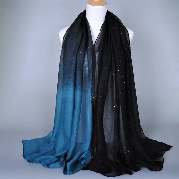 Chic Black & Blue Duotone Cotton Ombre Scarf with Glittered Accent for Daily Use