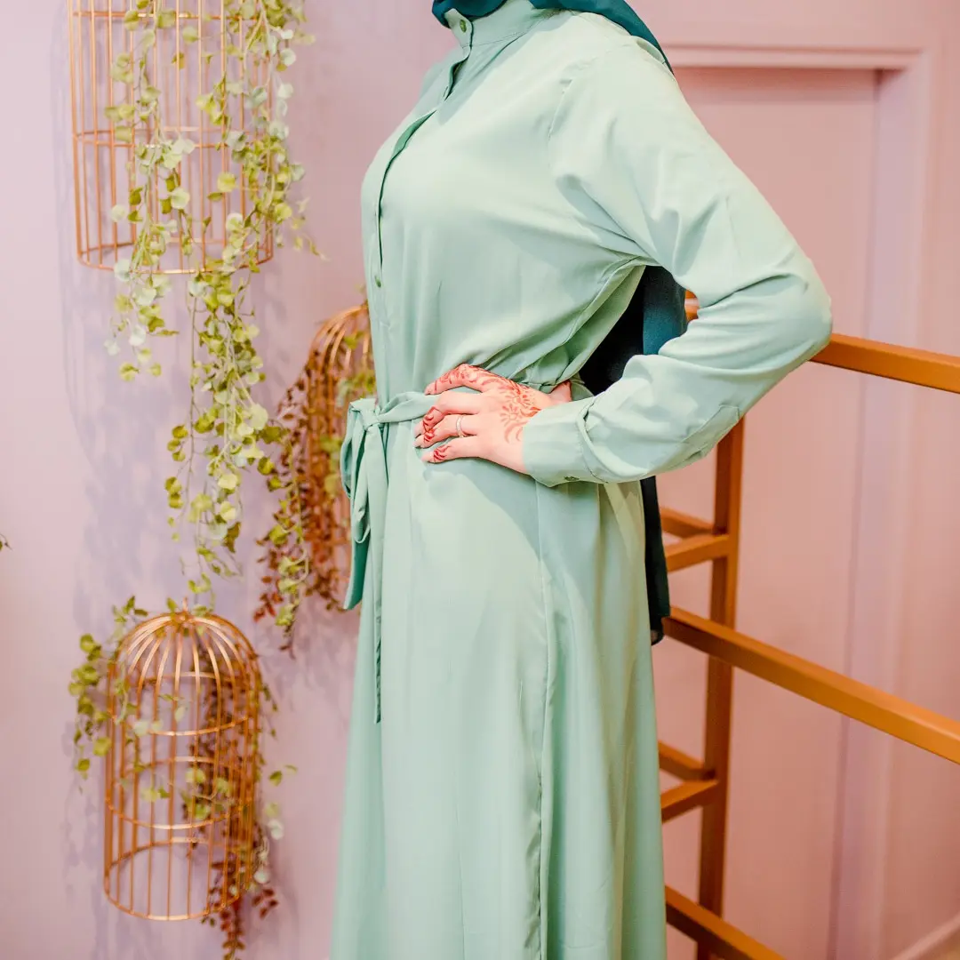 Women's Islamic Clothing Mint Green Long Tunic Dress with Mandarin Collar For Autumn