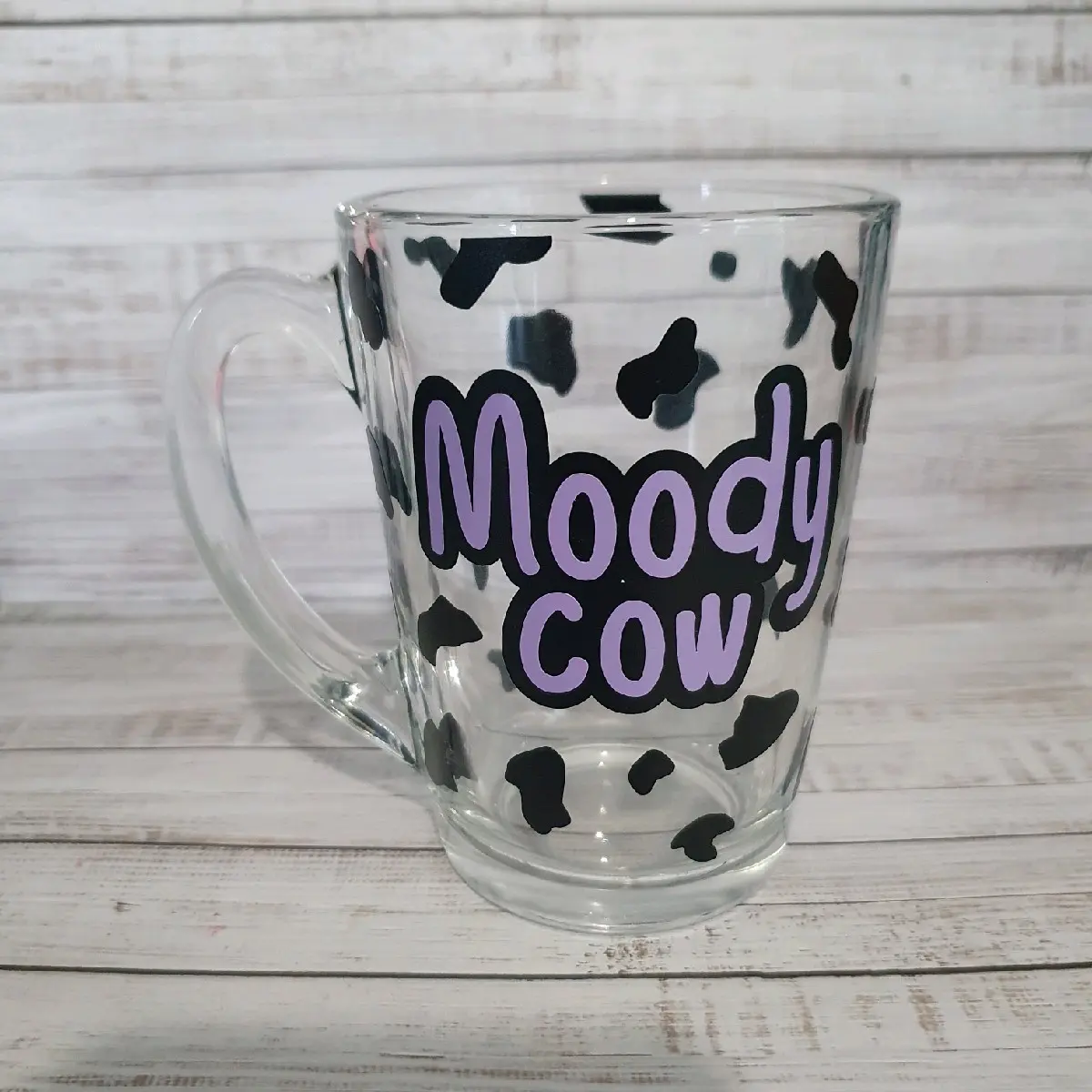 Moody Cow Glass Mug for All Occasions, Vinyl Design, Reusable Kitchenware Drinkware Cup Tumbler Reuse