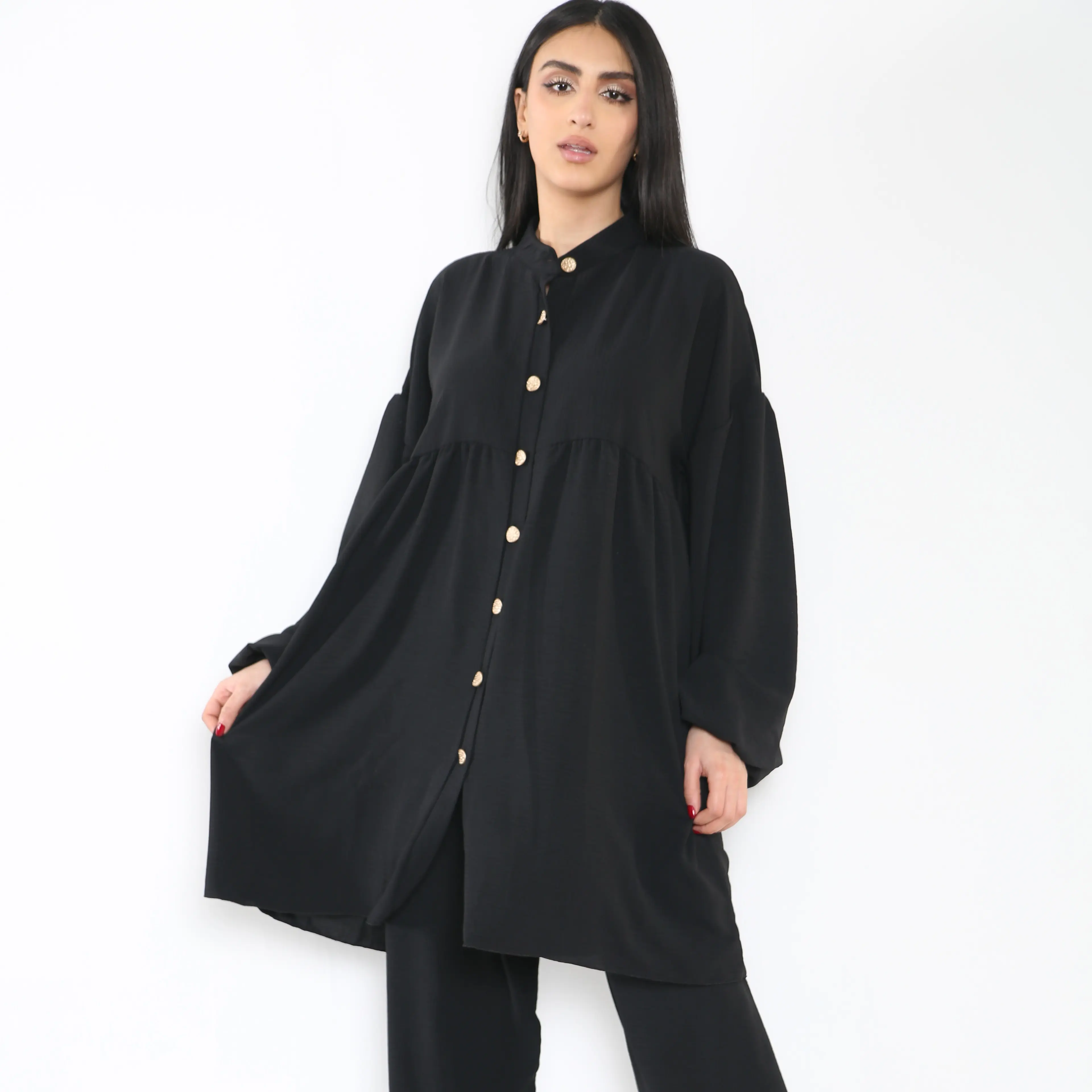 Two Piece Coord Set- Full Buttons Shirt with Baggy Sleeves