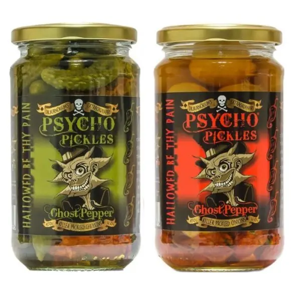 PSYCHO PICKLES COMBO Ghost Pepper Pickled Onions & Gherkins